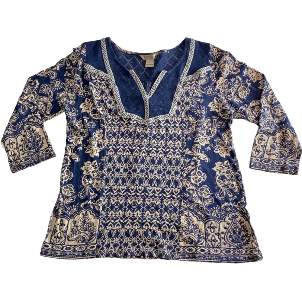 Lucky Brand Live in Love Long Sleeve Navy Top Sz L